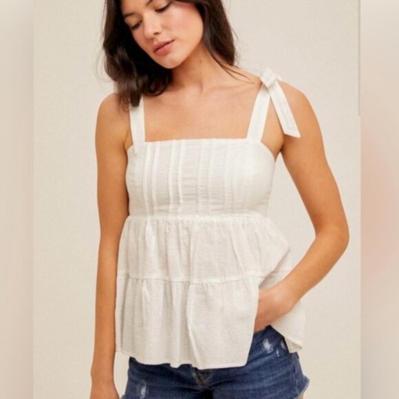 Hem & Thread Tops - Hem & Thread White Cotton Blend Peplum Top, Size Large, NWT